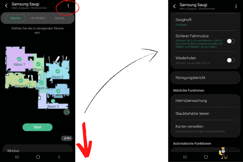 Startbildschirm der Samsung Jet Bot AI+ App ist zu sehen.